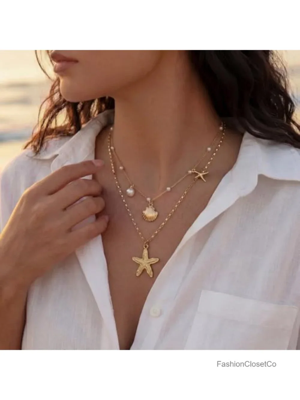 Gold Plated Shell Starfish Necklace for Women Layered Pendant Pearl Conch Boho